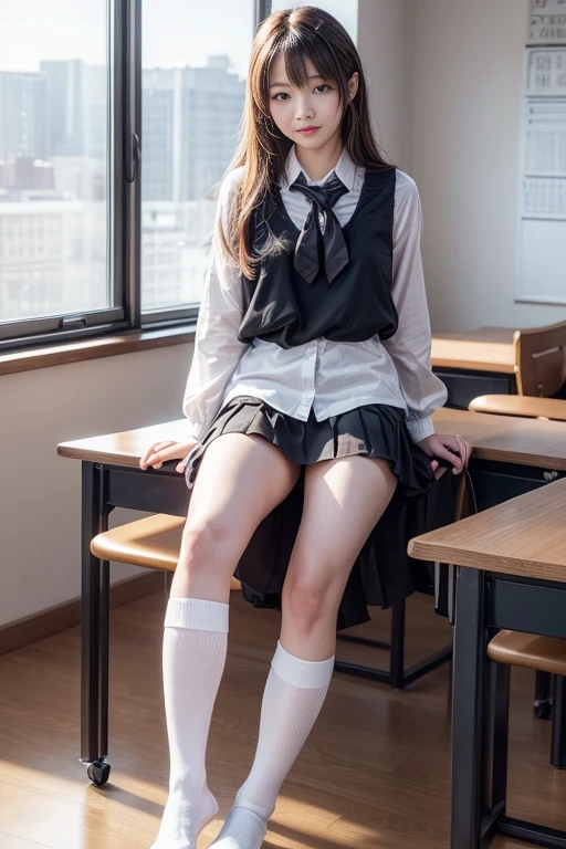 ((highest quality、8k、masterpiece:1.3)),((((fullbody shot)))),Ultra-high resolution,big eyes,Japanese,bangs,(a girl),(1 girl),((20 years old)),((facing at viewer)),((looking at viewer)),(long hair),(((black school uniform))),grin,((sitting)),(pleated mini skirt),(((platform shoes))),((panties))
