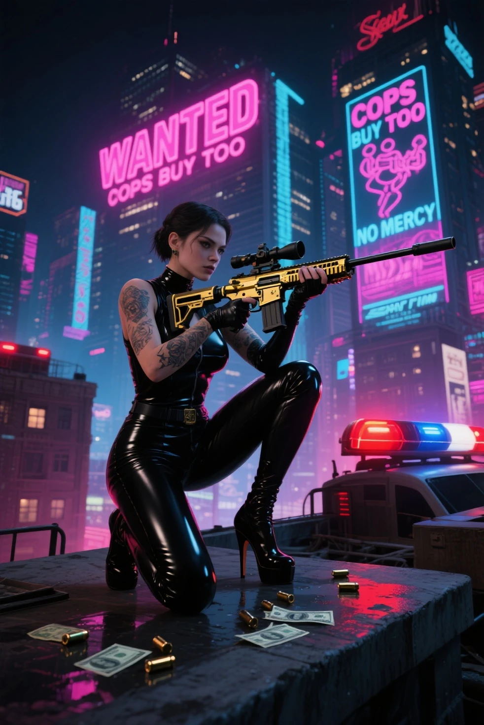 at night. sci-fi city street, neon-themed artwork with vibrant purple and blue colors, intense neon lights illuminating the entire scene, a dense layer of mist creating a dreamy atmosphere, a captivating and mesmerizing background with intricate details, a gaming-inspired theme with RGB lighting effects. (((1girl, solo, alone))), female assassin, large-breast:1.4 slim:0.8 body, medium hair, cleavage:1.1, sexy micro laced lingerie, (black sunglasses), (((((she raised a pistol:1.8 and shot the viewer))))), standing pose, ((half-body thigh:0.95 level medium shot)), cinematic lighting, lens flare, ray tracing.