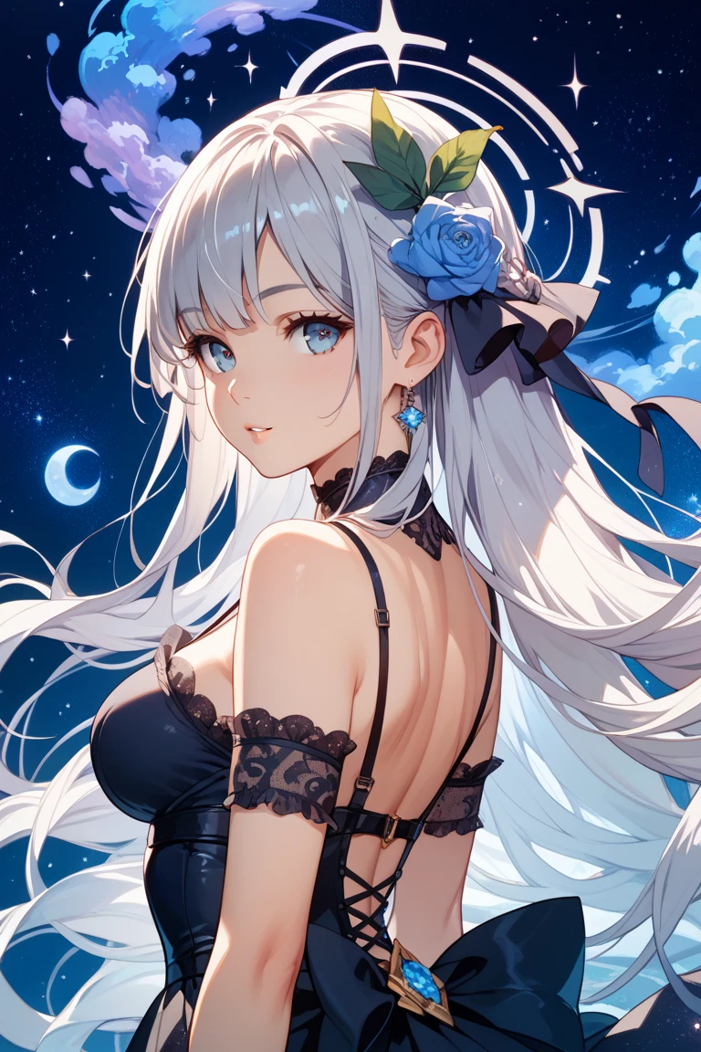 ((Highest quality)),(Ultra-high resolution),(Ultra-detailed new),(Detailed Description),((The best CG)),(masterpiece),Highly detailed art,A wonderful new art form,(Art with precise details:1.5), (One adult woman:1.1), Staring, Starry night sky, Twinkling stars in the night sky, flower