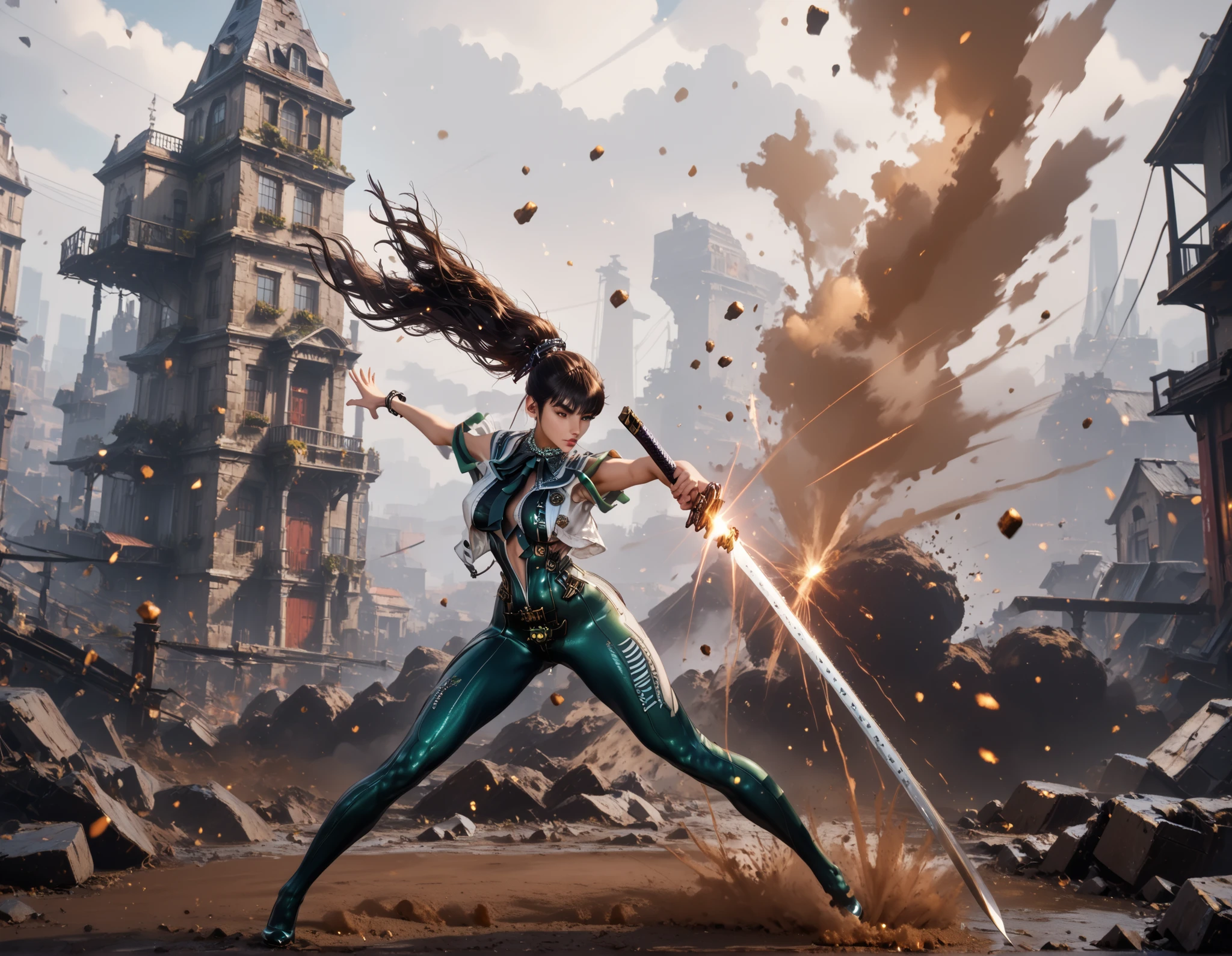 Eve character from the game called Stellar Blade in the middle of a post-apocalyptic scenario holding a huge katana sword (also called masamune), (with her back to the viewer), (full body), (hair moving in the wind), (light particles), (dust particles), (ray tracing), (detailed), (masterpiece)
