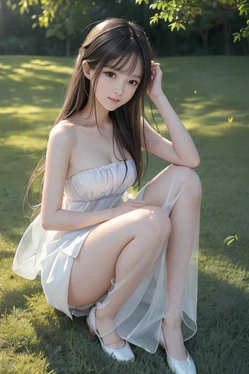 sangonomiya kokomi,hair ornament,white pantyhose,white half gloves,frilled sleeves,bow-shaped hair,bow,detached collar,sandals,white panties,1girl,独奏,widesleeves,longhair,purple eyes 1 girl, Sitting, whole body, Lots of flowers around, Lots of scattered petals, Elegantly, Visible cleavage,Sexy long legs,Very beautiful legs,Exquisite makeup,Blush,Shy expression,Her skin is flawless,She gently lifted her skirt with one hand,Make gentle and playful gestures, The skirt is short, whole body湿透 沙滩, close up,Focus on the role,Ultra HD,best quality,Sony Master Lens,The color is pastel,Warm colors,Emphasis on natural beauty and elegance,Cute girl,High Detail,best quality,rich and colorful, Vibrant colors,Saturation,Correct limbs,Correct Legs,Anatomically correct