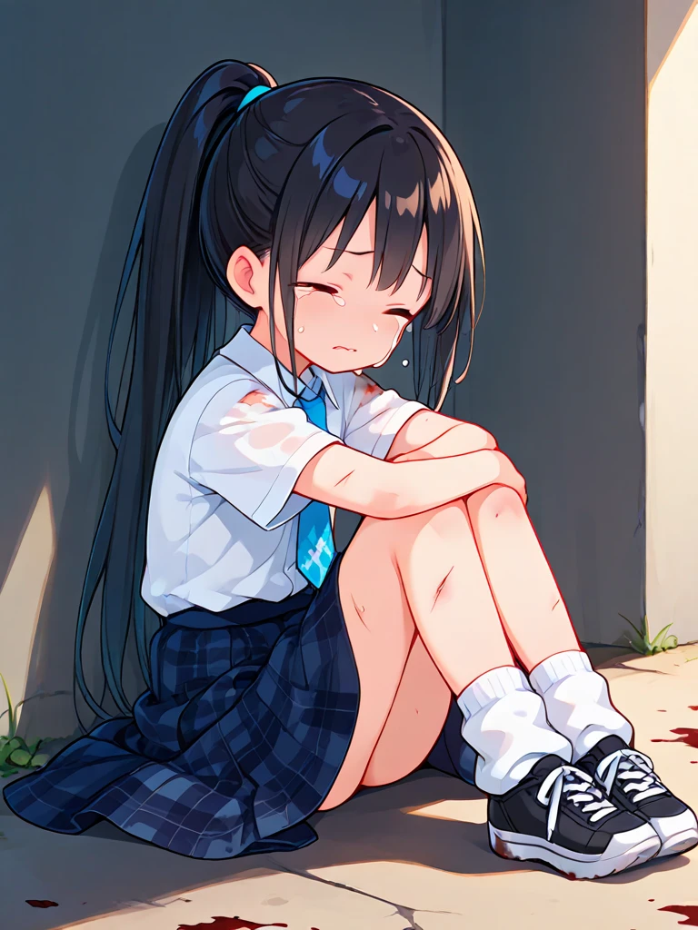 An earnest-looking male student is fighting to protect her. Short-cut, dark-haired, sweaty, scarred, and cute Japanese high school girl fighter. She is lying in an alleyway. She is gasping for breath with one eye closed. Tiny breasts. Torn student uniform.