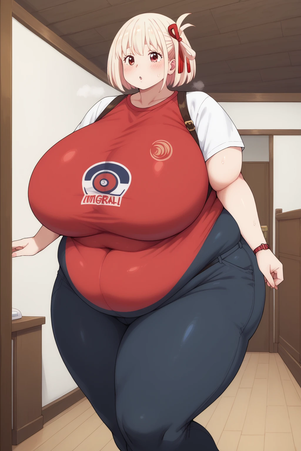Exposed belly,  (Zoomed out:1.0)Japan style backround, Looking at viewer, cleavage, small boobs, blushing, full body, belly button, Round face, double chin, fat chin, fat cheeks, fat neck, round face, SSBBW, flabby arms, round face, double chin, fat double chin, big double chin, fat neck, chubby cheeks, fat thighs, fat calves, morbidly obese, flabby boobs, giant boobs, large belly, obese, fat face, belly, double chin, obesity, flabby breasts, fat arms and legs, fat everything,
