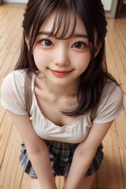 ollarbone,pastel colors t-shirt,off-shoulder look,bare shoulder,midriff peek,string panties,open mouth,tongue out,lick,lying,Selfie,looking ahead,from above,front view,upper body,(1girl,Beautiful 14 year old girl),((Slender,Small breasts,Small face,)),looking at viewer,Black Hair,bangs,one side up,Beautiful and detailed,Mischievous smile,Dimly lit room,Simple Background,bed,pillow,best quality