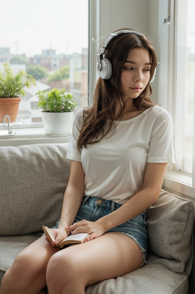 Girl listening to music、Anime Style、Sitting on the bed looking out the window