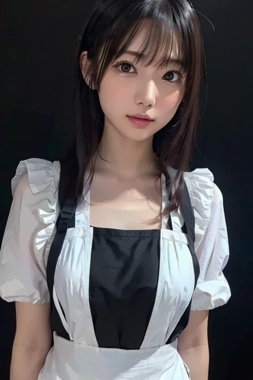 ((Best Quality, 8K, masutepiece :1.3)), Sharp Focus :1.2, 1 girl,Cute, Slender Abs :1.1, (Full Red Chest Apron:1.4), (Huge breasts), (Black hair, Upstyle:1.4), (White blouse:1.4), Black tight skirt, (Smile:1.15),(Closed mouth), Highly detailed face and skin texture, Detailed eyes, twinkle eyes, (Round face:1.6), 3/4 length, Clothing reinforcement, cafes, ((Left index finger on chin))