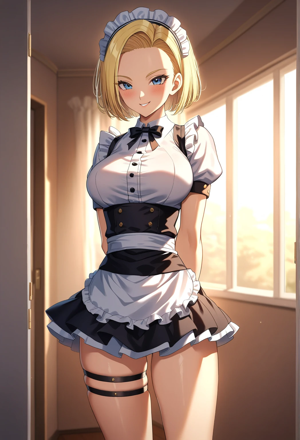 sysdeep_android18, 1girl, solo, breasts, looking_at_viewer, smile, short_hair, blue_eyes, blonde_hair, (highly detailed skin), (golden hour), photographic, gorgeous, glamourous , large breasts, bedroom, cowboy shot, arms behind back, thigh strap, maid headdress, wrist cuffs,