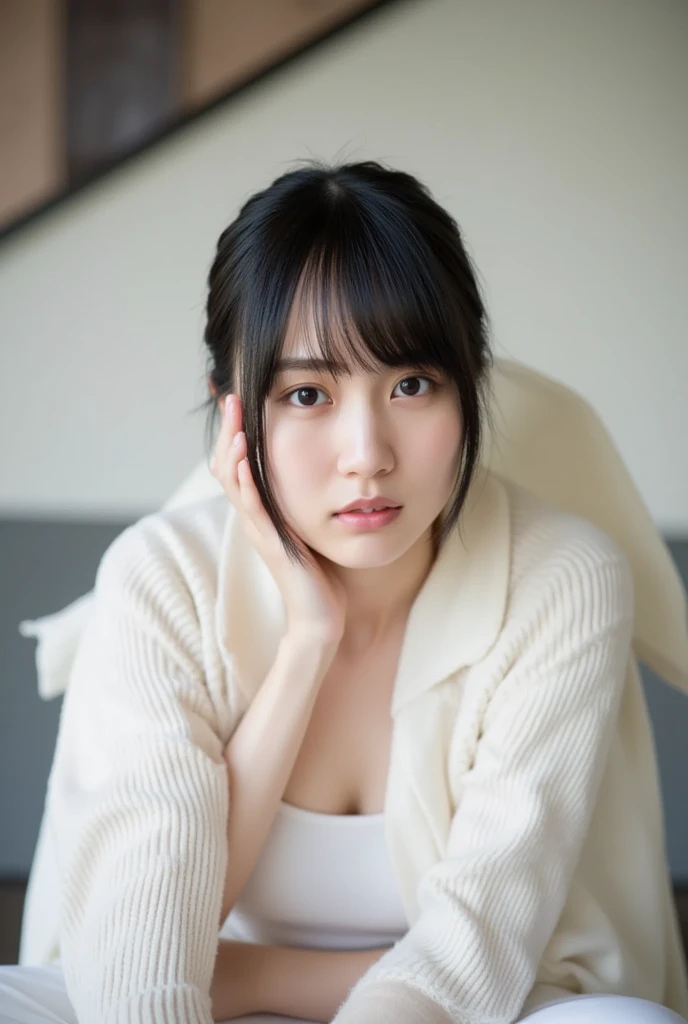 8k, 
masterpiece, 
(Photo realistic:1.5), 
//high-quality 32k photo of a beautiful Japanese girl, 
white background, 
1 beautiful woman, 
short Hair, 
brown hair, 
upper body, 
wearing Blouse, 
half-smile, 
natural Light, 
long hair and bangs posing to take a photograph, 
elegant hairstyle, 
(detailed hair:1.5),
detailed realistic style, 
detailed facial features, 
detailed eyes and lips, 
detailed skin texture, 
shiny skin, 
natural lighting, 
soft pastel colors, 
highly detailed, 
photorealistic, 
cinematic, 
masterpiece, 
award-winning digital art, 
8k resolution, 
intricate details, 
sharp focus, 
warm tones, 
exquisite colors, 
atmospheric, 
serene, 
elegant, 
feminine

