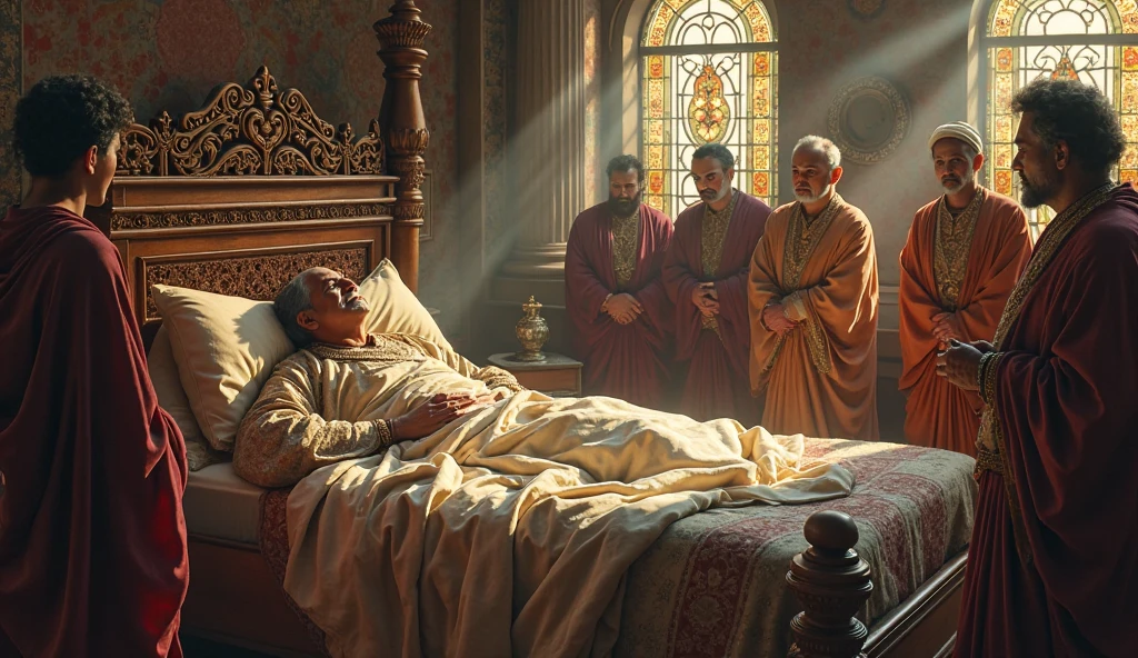 An old man lying in bed, stroking his son's head