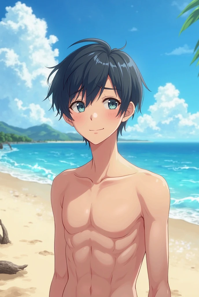 Anime style,Summer sky、Into the cloud、1boy,, Shota, hansome boy, cute face, 12-Year-Old-Boy, adorable boy, beach, coconut tree, Cheerful boy, Slim body, body only, Shirtless, Topless, Bare chest, (show his armpit, focus on the armpit, shine closer to the armpit), boy focus