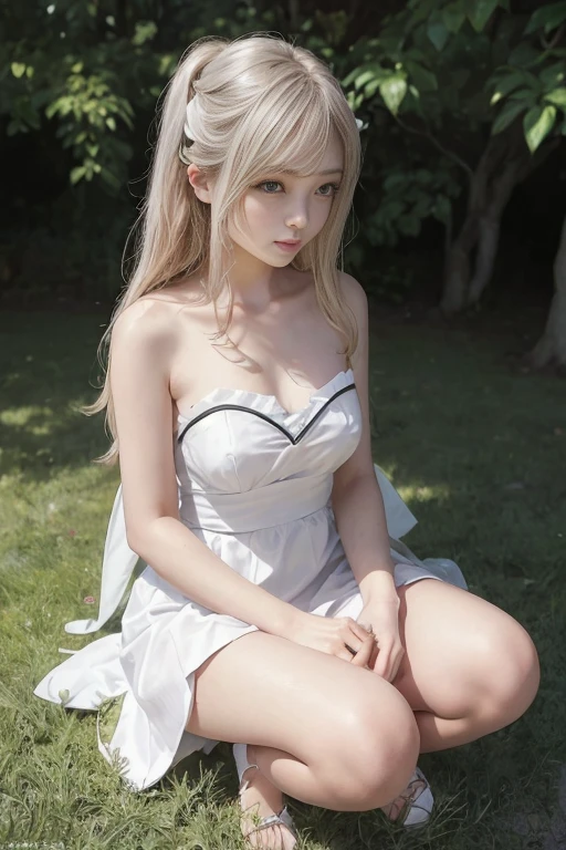 A girl wearing a pure white dress, short skirt, reddish eyes, white hair with green mesh, looks like a bride
