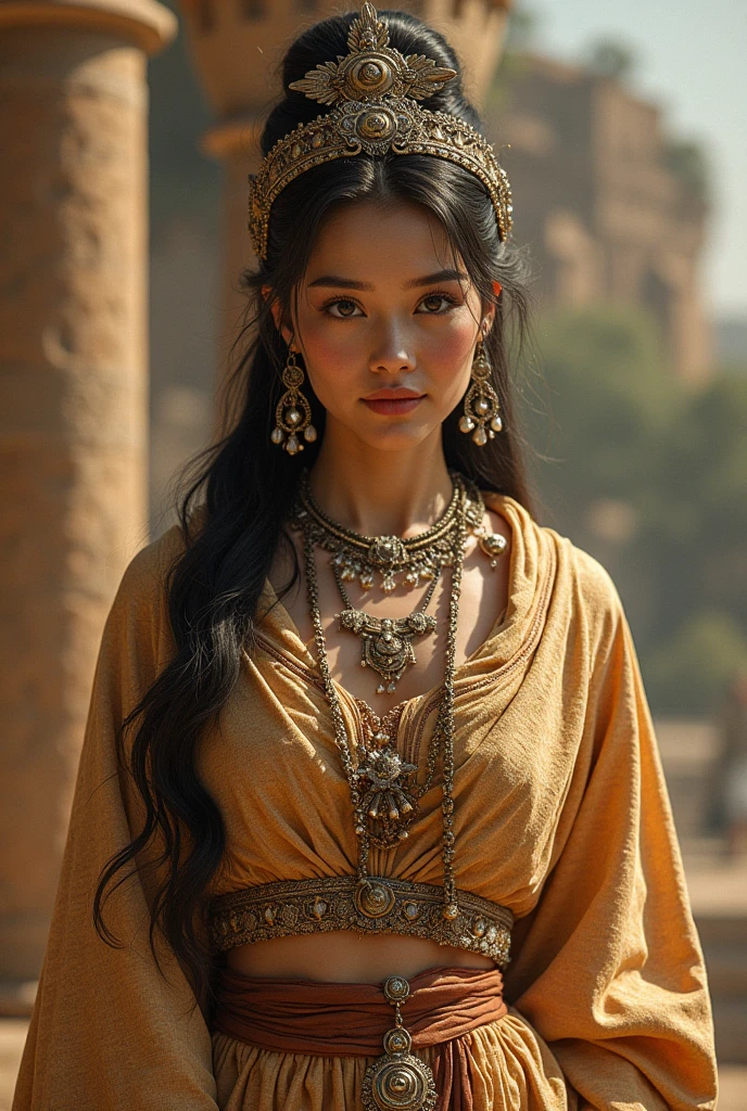 Beautyful black hair priestress in athena’s temple praying