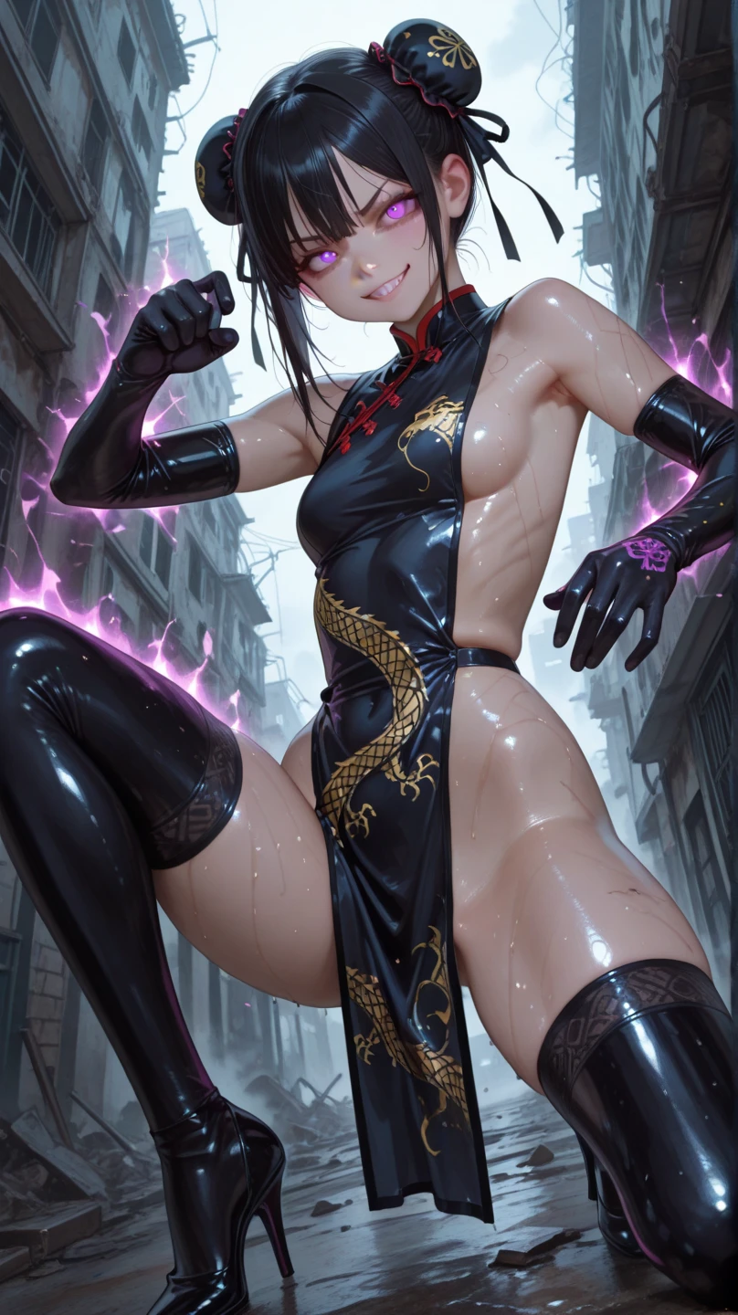 Beautiful nipple stand、1girl in, (Lori with a very young face:1.2) , (flat chest:1.2), A female ninja with a very young face ,, {{kawaii:1.3}}, Cute, {lovely:1.3}3, tiny girl, Black hair, Ponytail, gloves, Moon, elbow groves, Brown eyes, Night,, Looking at Viewer, Angry face with open mouth,fullmoon, Black Gloves, Long hair, Navel, Scrunchie, Bangs, Bare shoulders,Dynamic pose with legs open:1.2, Holding a Japan sword:1.2,East Asian Architecture, nigh sky, architecture, side locks, hair scrunchie, Outdoors, skyporn,full body Esbian:1.3, (She is a very loli and petite 10-year-old girl.、Beautiful slender body、 )、 (Gal girl in mini skirt showing off flashy little pink panties),(huge-breasted, Big Tits, Slender waist)、(great amount of tentacles:1.2, slimy tentacles:1.3,Restrained by tentacles:1.3.Tentacle Sex),((A lascivious female ninja who loves slimy tentacles and sexual acts:1.3)),NSFW