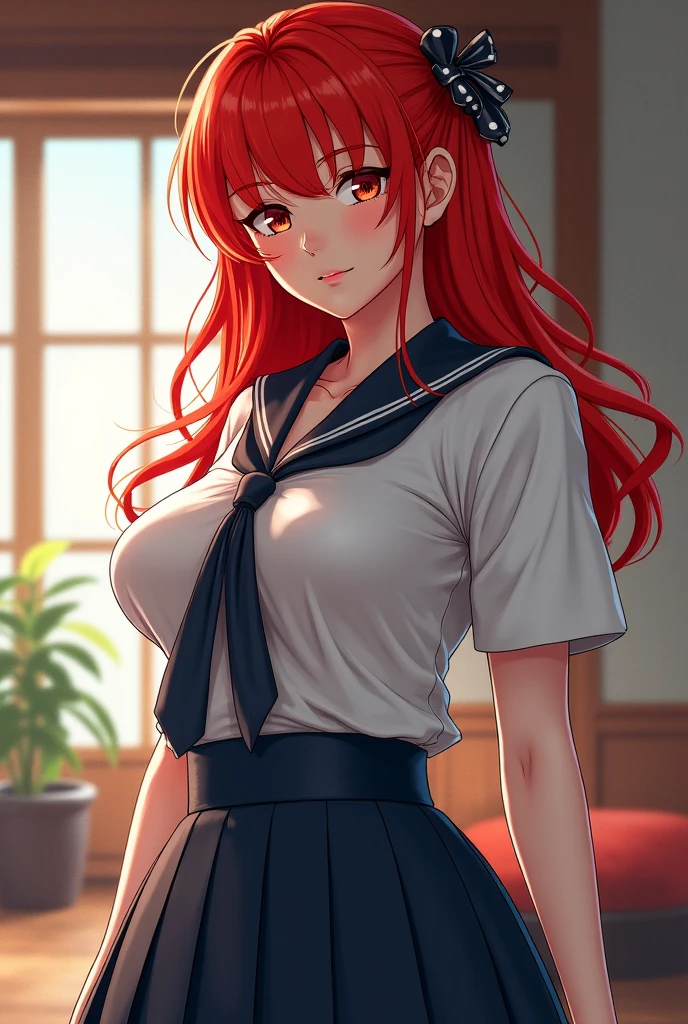 Masterpiece, Best quality, absurdes, 1fille, seulement, Honolulu, HonoluluÉcole, cheveux longs, Twintails, Serafuku, soutien gorge rouge , ruban de cheveux, ruban noir, collants noirs, Jupe noire, beret, collier, dedans, corridor, school, sourire, arm behind back, very large chest and blue thong