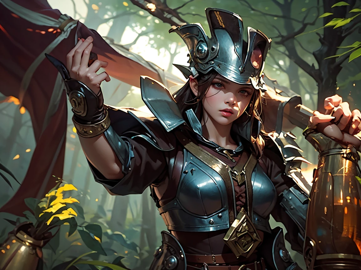((best quality)) , ((masterpiece)) , (detailed),a woman in armor holding an arrow, in the style of light blue and green, dark brown and orange, realistic yet fantastical, dark brown and gold, detailed and intricate