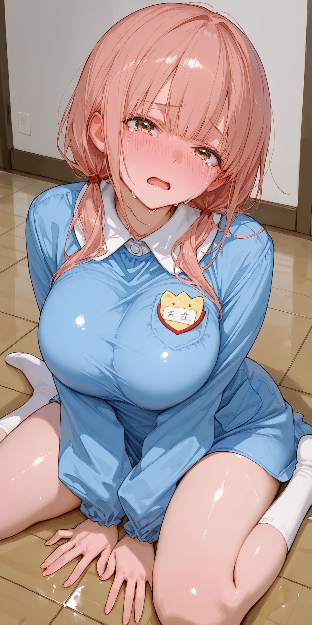 best quality, masterpiece, ultra detailed, general, SakimiStyle, SagawaStyle, long enji-costume, long kindergarten uniform, 1girl, large breast, 1girl, blushing, (wariza:1.5), crying, open mouth, low twintails, breast squeeze, tilt head, shiny skin, (hands on the floor:1.5)