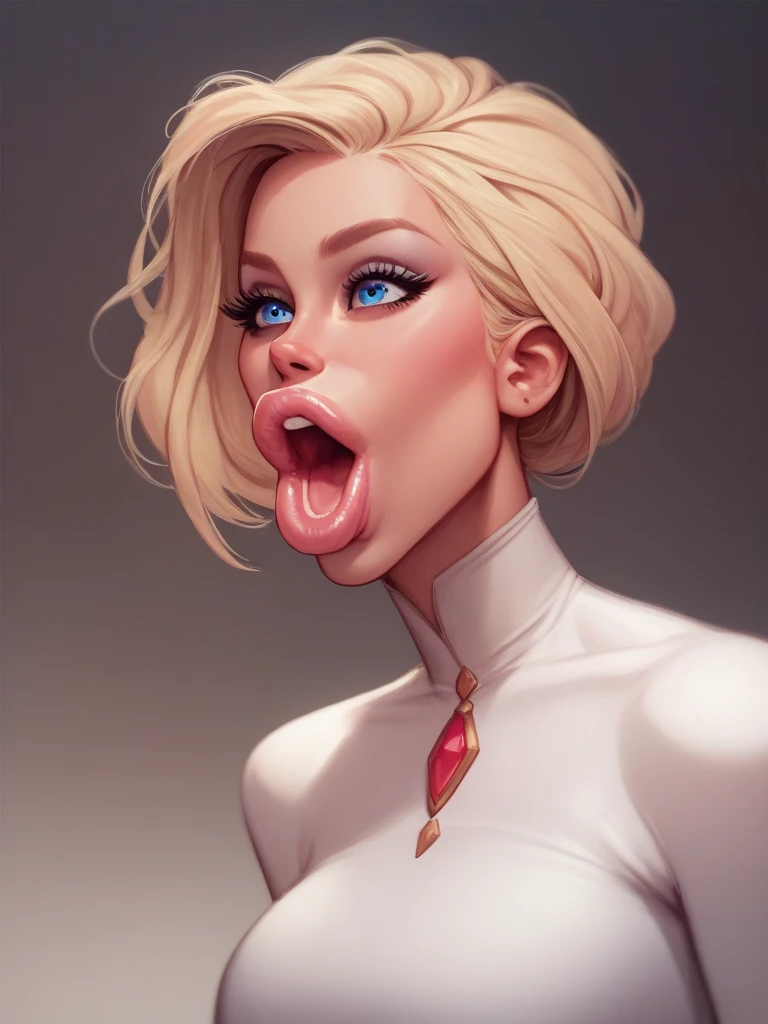 Side view of a beautiful blonde bimbo kneeling down((sucking a big dick:1.5)), ((lips around a huge cock:1.5)), posing, toned, slim, slender, hot, sexy, highly detailed face, (plain white background), (looking up at viewer, eye contact), (very detailed face, detailed eyes, seductive:1.3), (pov blowjob:1.4), (pov deepthroat:1.4), (oral creampie:1.4)