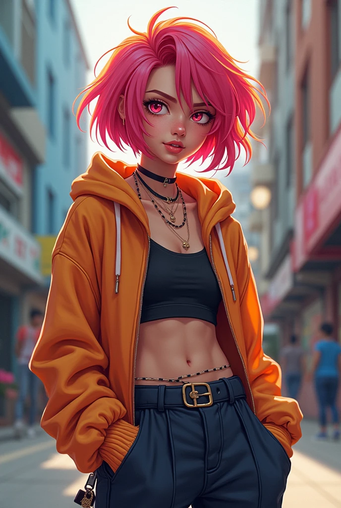 1girl, solo, sharp nose, (reddish mouth:1.1), (blush), eye-catching lips, shonen style, (pale skin), (pink eyes:1.2 | orange eyes:1.3), (wide smile:0.5), wide eyes, (neon lighting:0.3), (scenery park, sky), daylight, cinematic lighting, (underboob:0.9), (blue skirt), (pink hair:1.4 | orange hair:0.9), short hair, bangs, drill hair, ahoge, (crop top blue | white), ((bottom-up point of view)), (thin face), ((sharp focus)), (((masterpiece))), (detailed clothing:1.3), (detailed body:1.2), ((perfect face)), ((perfect nose)), ((perfect eyes))