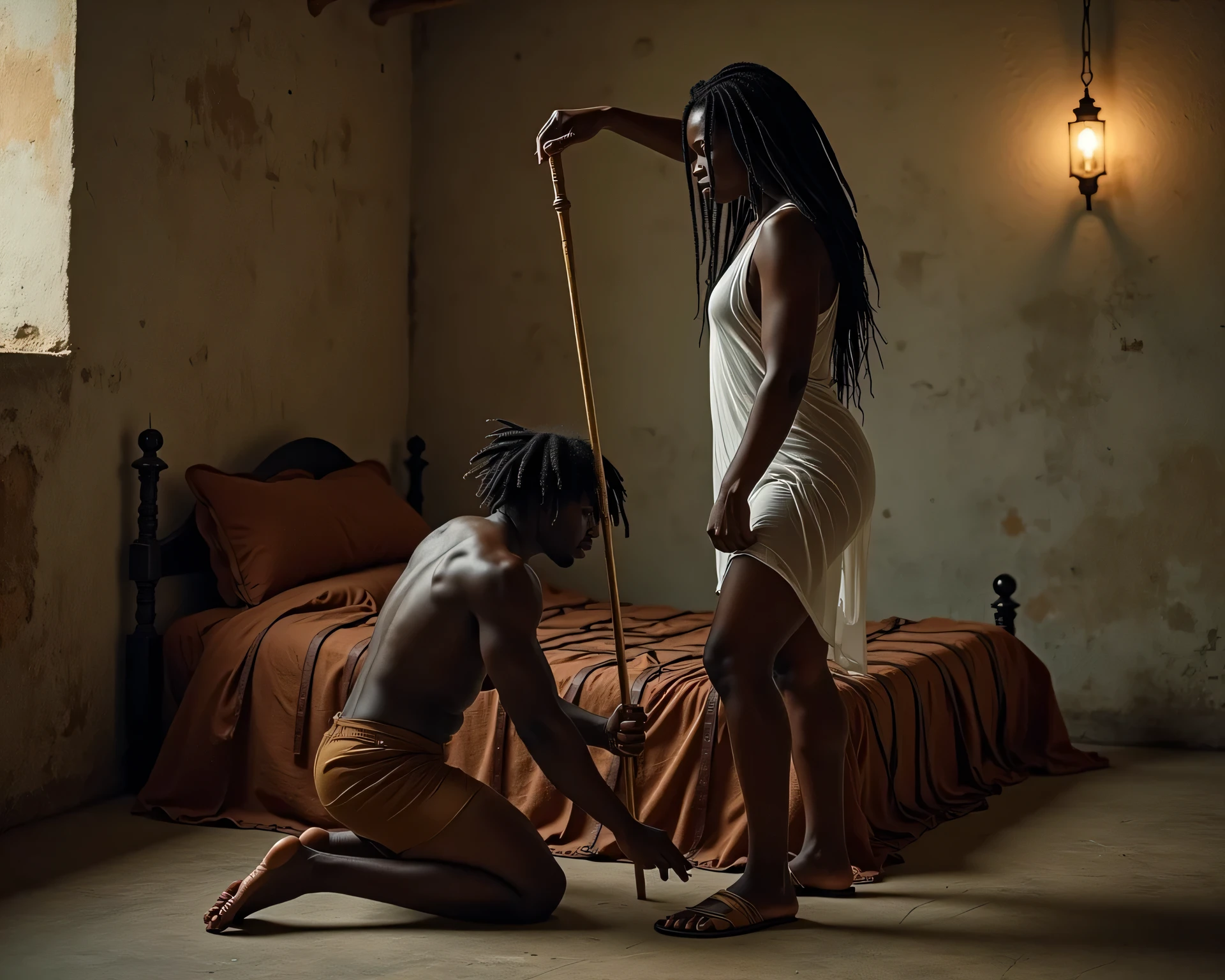 A dark-skinned, muscular African woman with kinky hair, broad hips, and thick biceps dominates a small, naked Sudanese young man in a dimly lit concrete basement. She wears a sheer white nightgown straining against her powerful thighs, and she wears flat leather sandals and holds a sjambok cane. One hand is holding the cane high while the other is akimbo, veins visible as she glares at him and stands next to the bed pointing at the young man. The young man is kneeling next to the bed and removing his underwear to expose his naked butt as she points the bed with the whip-cane. He is to be completely naked with no shoes and is kneeling on the floor with his feet apart and his head pinned on the floor. She is stepping on his head.
Key Considerations: Exposing his hairless body and chubby buttocks. Leather straps and belts cover the bed. Femdom scene, power contrast: her massive gym-toned physique vs. his fragile frame. Hyper-detailed, dramatic lighting, raw intensity. She is wearing flat leather flipflop sandals holding a thin sjambok cane. The bed is completely made of leather and has a leather head rest and is high. She is holding a mean cane, half cane half whip. He is dark like a Sudanese. She is much bigger than him. She is wearing a sheer nightdress. the young man has shaggy hair. Their complexion is very dark. Note: He's completely naked, She is wearing a transparent sheer nightdress and leather flipflops. He is lying prostate to kiss her feet. She is strong and a bit stout. He is short with shaggy hair and kissing her toes submissively. She has leather flat flip flop leather slippers. Her sheer nightdress is transparent. The woman is much bigger in size like a giant in comparison to the young man. Sheer nightdress and flipflops. She is stout and very big, gigantic and strong compared to the young man