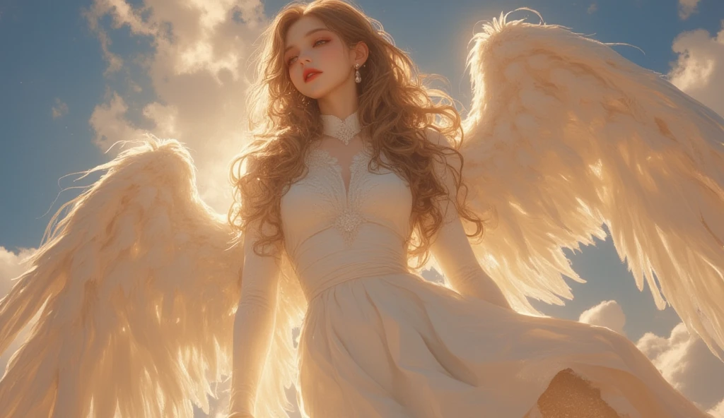 Angel, curly yellow hair, long golden wings, white clothes, sleeping on a cloud