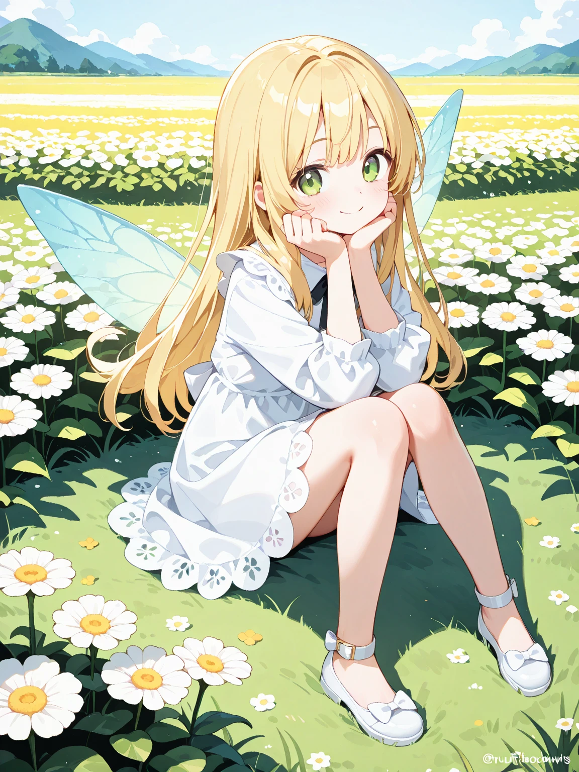 Showing the whole body, Yellow hair, Cute, Baby face, Big breasts, Sleeping, In the forest, White dress, Long hair, Sleeping, 1 person, Small, Fairy wings