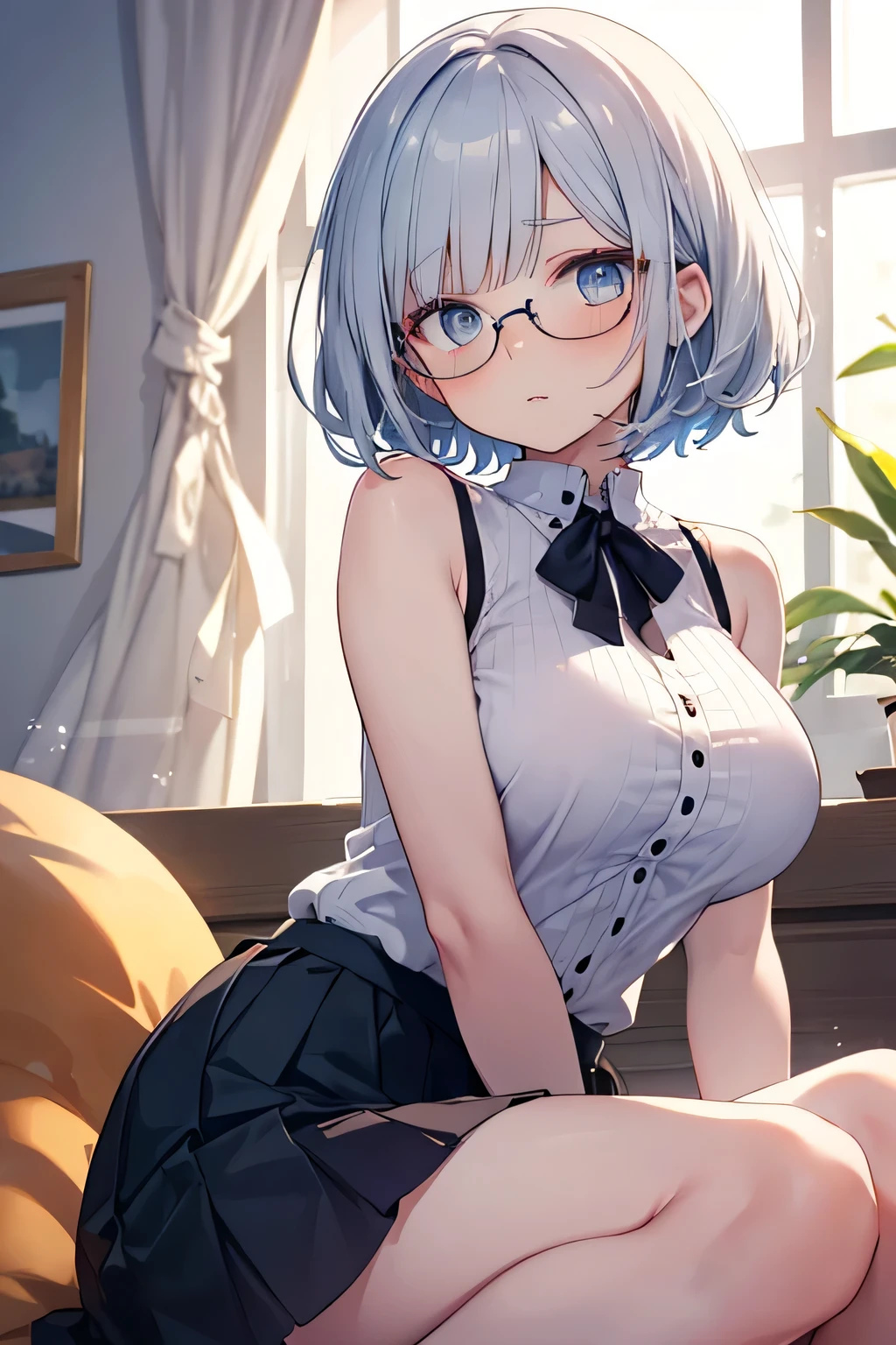 ((tren lleno, Una mujer muy linda con una minifalda azul muy pero muy corta..))((vistiendo una camisa abierta blanca: 1.0k, Photography, obra maestra, Mejor calidad, fondo gris oscuro, ((1 girl with blue eyes and beautiful short blue hair., ella usa gafas de lunas trasparentes en su hermoso rostro, )), culo grande pechos enormes vistiendo, poses variadas.((pechos enormes :1.4)), cara ultra detallada, ojos detallados.