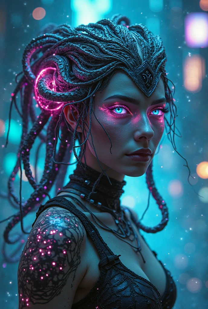 <lora:Mythology_Medusa:0.7> <lora:hairstyle-long_braid:0.7> <lora:epi_noiseoffset2:1> <lora:more_details:1> (long hair braid, braided snakes, masterpiece, best quality, high quality, intricate, award winning) In a neon-lit cyberpunk city, on a rainsoaked street, Medusa is an icon of futuristic fashion, blending bioengineered fabrics and holographic iridescent scales, (purple neon, blue neon:1.2), very long hair, reptile eyes, neon purple, neon blue, metropolis, (cinematic lighting, futuristic background:1.2), cowboy shot