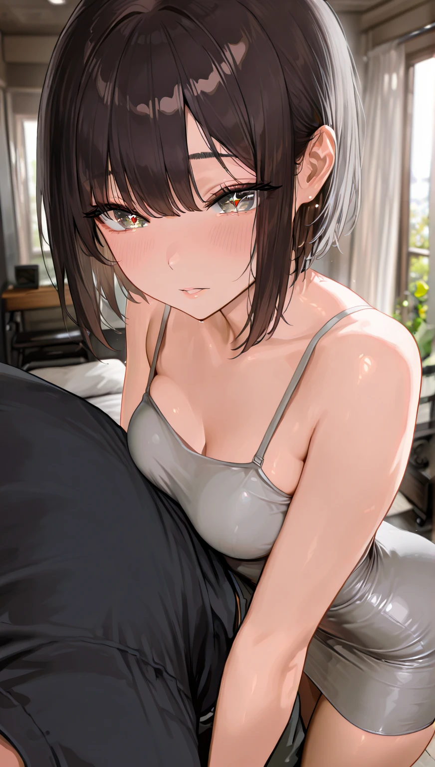 score_9, score_8_up, score_7_up, source_anime, flat color, anime screencap, ikuchan, BREAK, 1boy, dominant white male, male, shota, 1lgirl, milf, dark skinned female, interracial, side view, doggstyle, creampie, indoors, cute shota, cute boy, looking at viewer, faceless male, netorare, cuckolding, cuckold pov