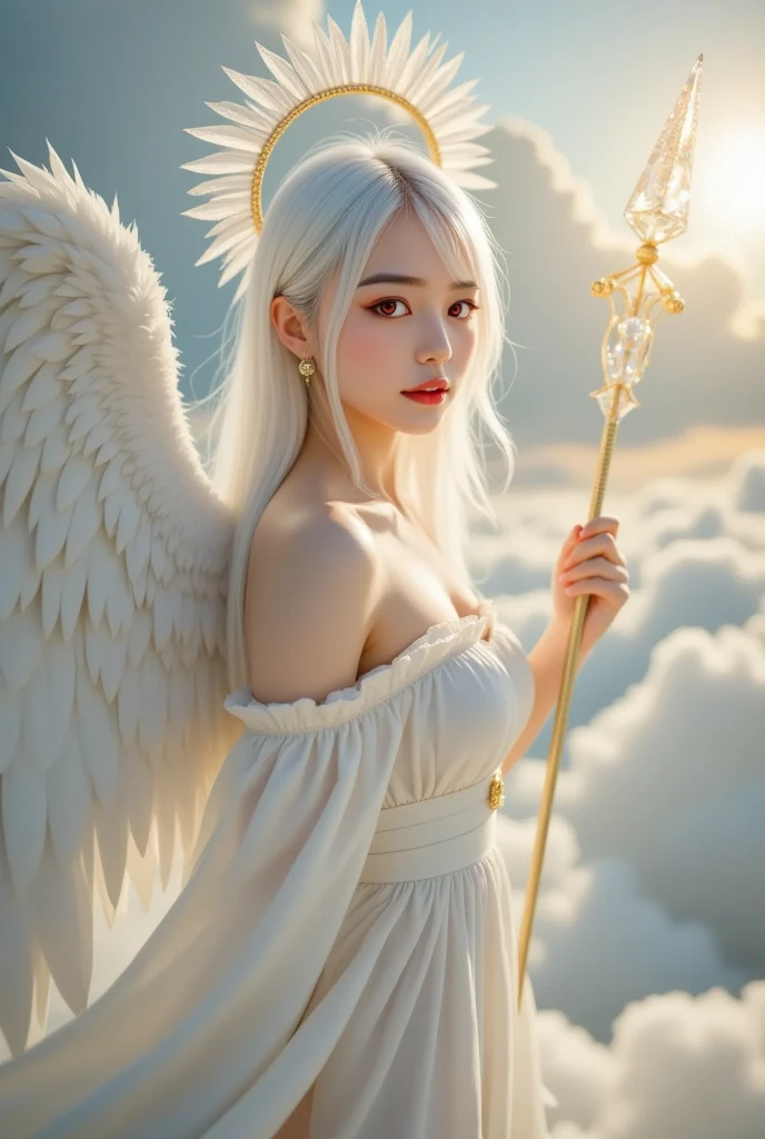 cute angel with feathered wings looking to the night sky, ((gorgeous face)), sitting on the outer egde marble gazebo at night garden and surrounded by white litle birds flying around her, all illuminated by the moon, intricate detailed, professional lighting, high definition, 8k, studio light