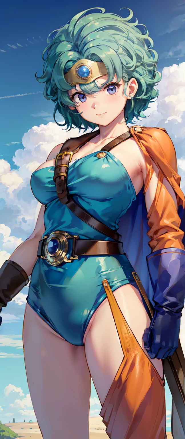 (((SFW、sound、Highest quality、Top notch work、Normal body、8k、Detailed face、Ultra-precision、normal hand、Refer、5refer、Highest)))、beautiful girl、Green Hair、yamato nadeshiko、((Small breasts、Shortcuts、Blue leotard、muscular、Red Cape、Circlet))、(((Sexy pose)))、Female Heroes、 Fight、Fight is ready、((Perfectly executed:Description of the whole body,Standing posture,Draw the details well、There is no anatomical problem))、grassland