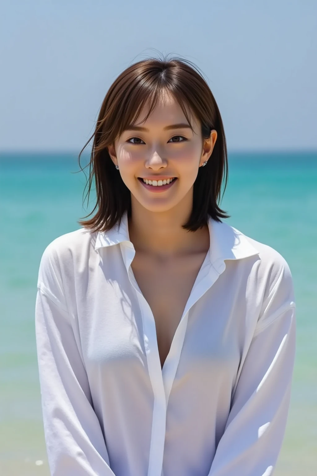 Japanese female 1 person, Middle-aged women: 0.1, Realistic, Exquisite face, alone, Large Breasts, Tight grey tank top. Beach, (White skin: 1.8, ), The look of temptation, Warm lighting: Sunny day, (RAW Photos:1.2), (Realistic), Full body shot,