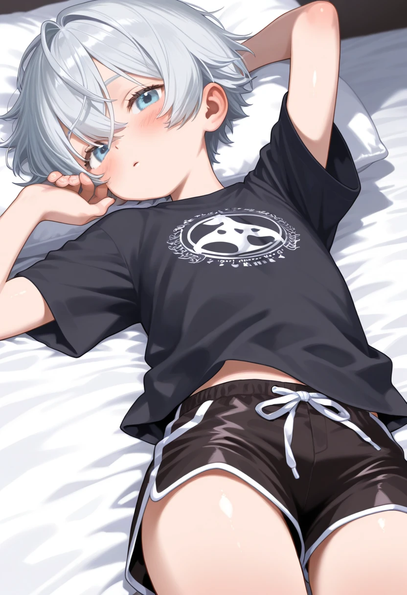 , White and blue fur, Shota, blue eyes, Messy hair, White hair, short hair, masterpiece, Very detailed,,,solo,Sitting,,,Looking at the camera,On the sofa,Wolf Boy,Gray sports top,Black trousers,White Socks,Sweating,White liquid on the body