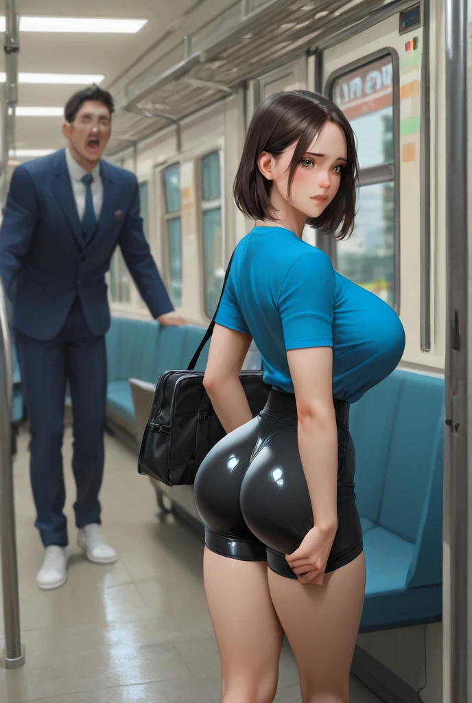1 beautiful woman, adult, large body, brown hair, maroon lips, short hair, outlined eyelids, made-up eyelids, orange T-shirt, neckline, black jeans, sleeping sitting on the bus, tattoos on the arm, white nails, open mouth, eyes closed, very big butt