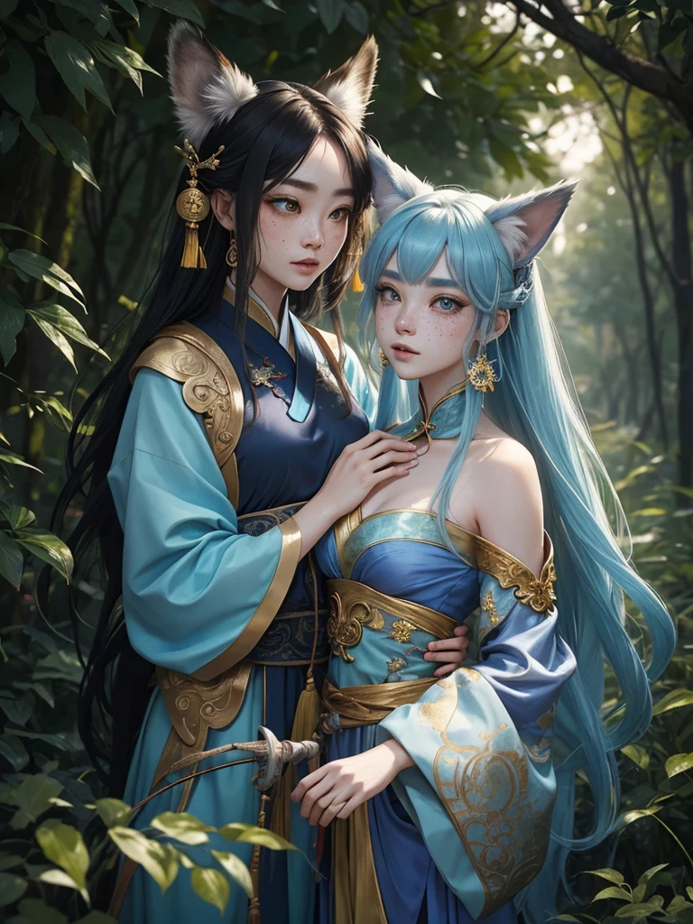 Kasumi ninja, kiss, kasumi ninja, in the forest, wearing blue and black clothes, breasts touching --auto --s2