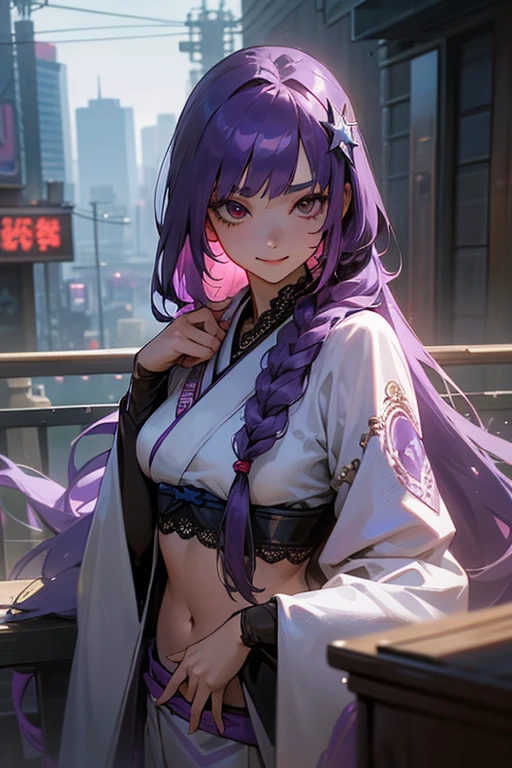 1 person, Blunt bangs, Braiding, Wide sleeves, hair ornaments,Obi says, (Purple Hair:1.2), Very long hair, Straight hair, Looking at the audience, Highly detailed background, (Realistic:1.2), Beautiful Eyes, Red eyeshadow, thigh, (Urzan-6500:0.7), Upper Body, (alone:1.2), (Cyberpunk City:1.1), Cleavage,,Glowing Skin、(Navel exposed).((Face close-up))、((smile))、(White lace outfit).((Surprised face)).