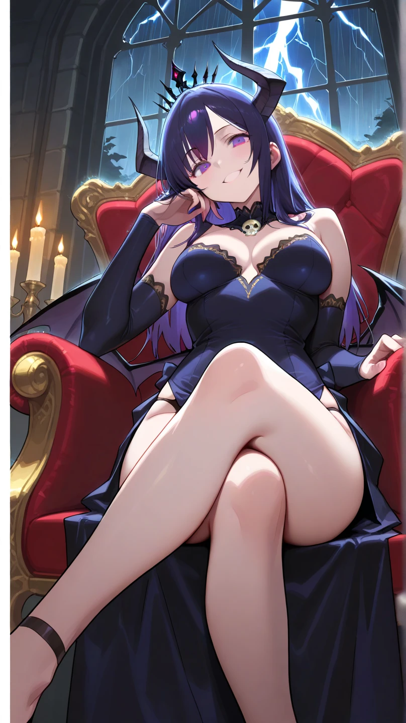 long black hair, straight hair, purple eyes, witch hat, perfect body, sexy, rpg witch, fantasy witch, wizar robe, 25 years old, black clothes, black and purple palette, adult woman, round breasts, sorceress attire, smiling, seductive, bangs, tentacle on chair, crossed legs, thick tentaacles, red cushion chair