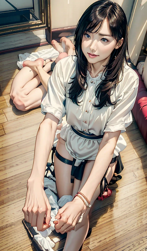 Highest quality,masterpiece,Ultra-high resolution, Very detailed, 8K,a 15 years old beautiful Japanese woman:1.5, Small face, Black short hair, blunt bangs, Breast Augmentation Surgery, (High school uniform:1.5, Pleated skirt), ((Woman tied with rope and hanging from the ceiling:1.5))、 Dark Room、 (Riding a wooden horse:1.5)