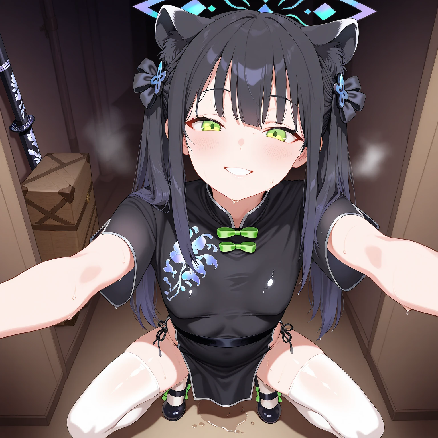 bdsm, Kneeling, defiant face,restrained with their wrists and ankles chained together,black hair,cute boy wearing black/pink modern gothic camisole,long hair,fenrir loli_shota,