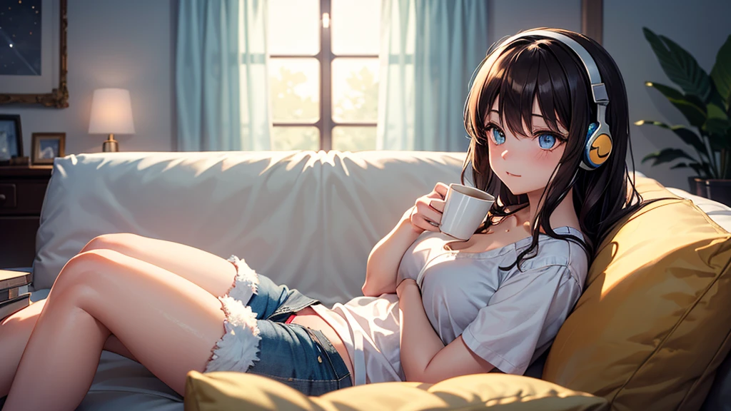 (Best quality, 4k, Masterpiece :1.3), ((rainy night: 1.5)), Girl 20 years old brunette, cyberpunk lo-fi, in the bedroom, listening to music on pc, coffee cup on the table, headphones, open window on rainy night, white top glued, short shorts, wearing socks, ultra detailed