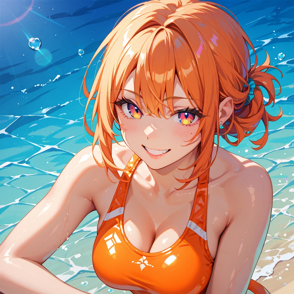 best quality,masterpiece,1girl, orange hair, purple eyes, black bikini ,medium breast, playing in the sea, waves, beach, sand, outdoor activity, ponytail, hairclip, tanned skin, joyful, sunny,(sweat),((arms down)),shy.