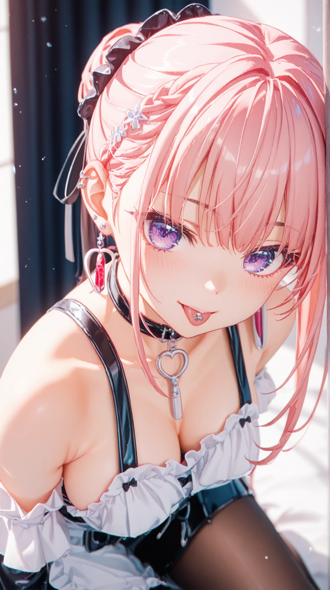 (Masterpiece, BestQuality:1.3), (ultra detailed:1.2), (hyperrealistic:1.3), (RAW photo:1.2), High detail RAW color photo, professional photograph, (Photorealistic:1.4), (realistic:1.4), professional lighting, perfect anatomy, (Big Breasts:1.2), (blush, detailed face), (cheerful Smile:1.5), (Pink Hair:1.5), Trending Hair&Trending Hairカラーをランダムに, earrings, necklace, bracelet, sexly, erotic sexly, Random sexy gravure poses, (A beautiful woman wearing a leather riding suit、Smiling provocatively while straddling a motorcycle。The tight suit accentuates the body line.、Exudes erotic charm。: 1.3)