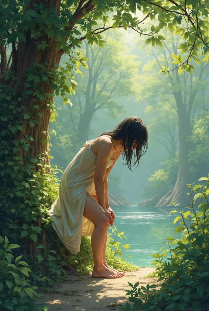 (best quality, high-resolution, immersed in liquid, humanoid, magical circle, small room with phosphorescent flashlight, perfect beautiful girl, naked, glowing from within, staring at the viewer, enigmatic smile, 3D rendering, birds-eye view, stunning anime illustration, impressive lighting, unprecedented, dangerous, terrifying)