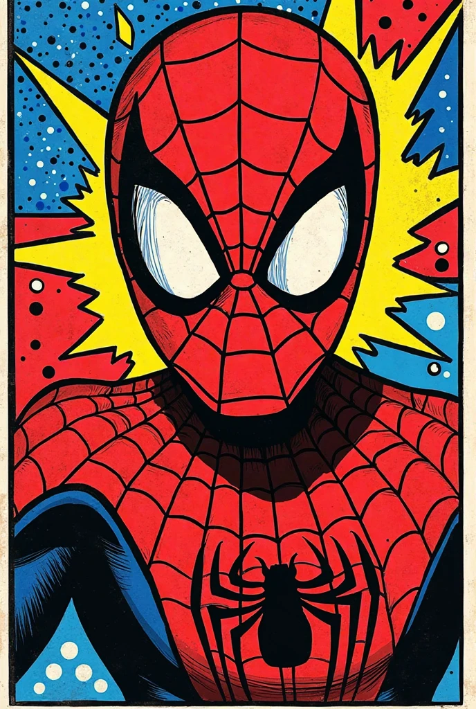Create image ,that should more realistic comical spiderman in front and background should contain old comic book pages