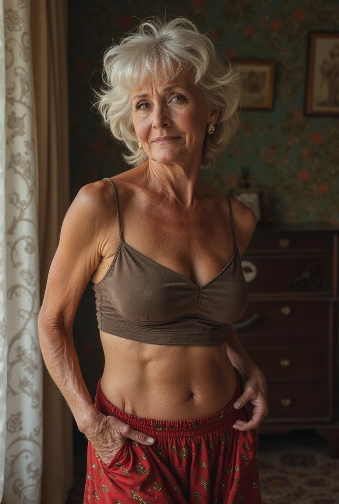 1 old anorexic skinny woman ((half length body portrait, sad, over 85 years old, naturally old but sexy,)), masterpiece, best quality, super detailed, (white baby-tee, mini cardigan & hipster jeans), white and gray hair, extra long hair, small slightly saggy breasts, erect nipples, small ass, tiny waist, indoor, inside a luxurious room, small sexy smile straight at the camera, (film grain: 1.3), backlight, (lens flare: 1.1), (halo: 1.1), (chromatic aberration: 1.1), (warm tones, warm tones), aging old Kristen McNenamy lookalike,