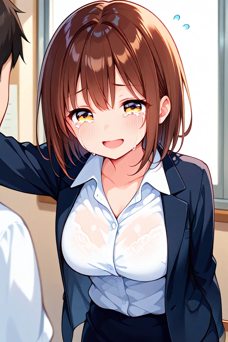 nsfw,One Woman、、Primary school students、Completely naked、(Beautiful nipples)、((Small Breasts)),Highest quality、Very delicate and beautiful、((Very short bangs))、((Bangs))、Light shiny brown hair、The hair is light、((Short Bob))、Cute face、Young face、Cute like an idol、Yellow Eyes、Are thin、Slim figure、Short、(Child body type)、((Lots of sweat))、Embarrassed face、Open Mouth、Troubled face、Red face、(School classroom)、Shooting from the side、Middle-aged man groping breasts、