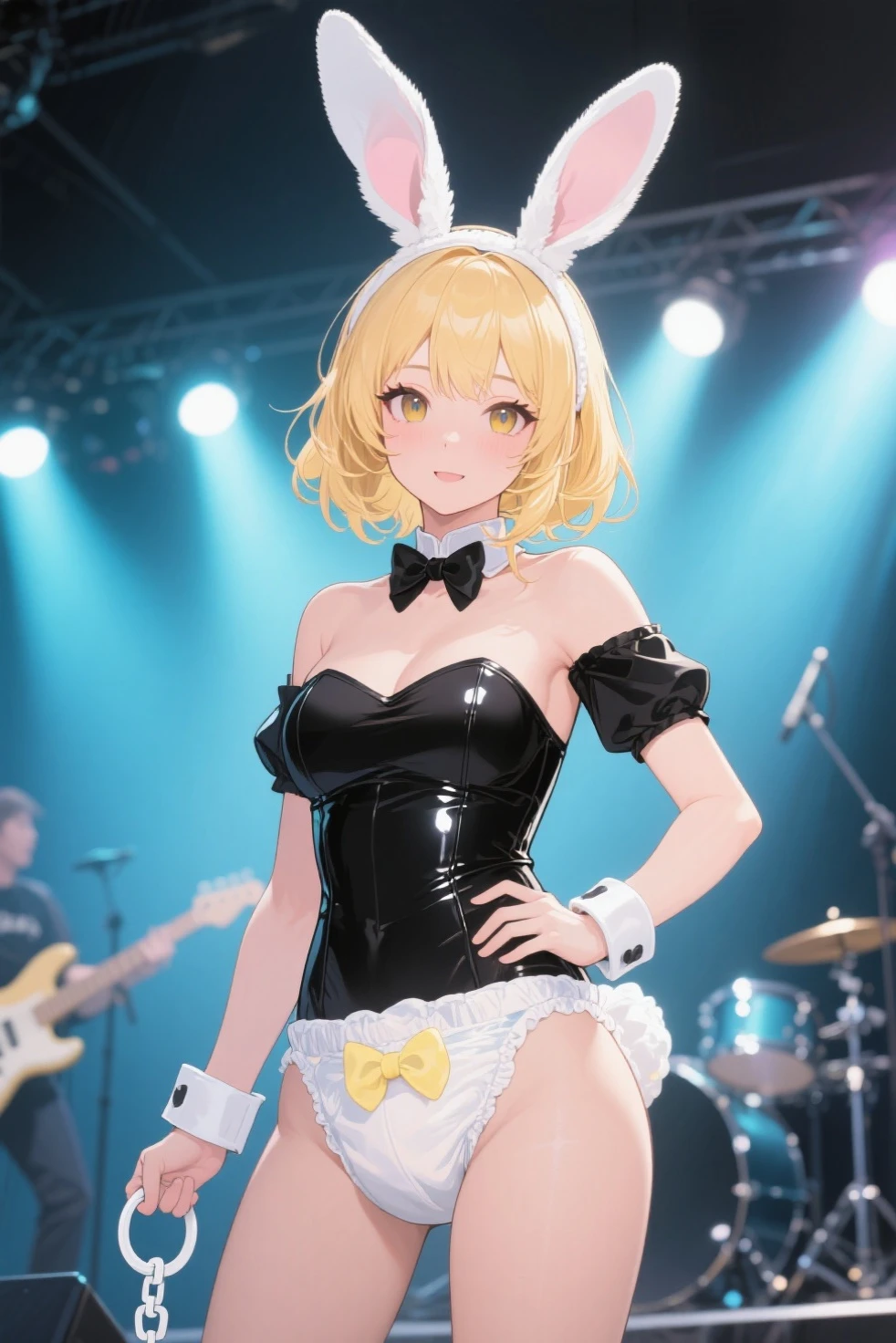 hyperrealistic 14 year old american teen, blonde, perfect tiny body, sexy, dark makeup, perfect slim face, big red lips, very cute face, tiny body, big eyes, young looking, childish looking, sexy clothing, holding microphone