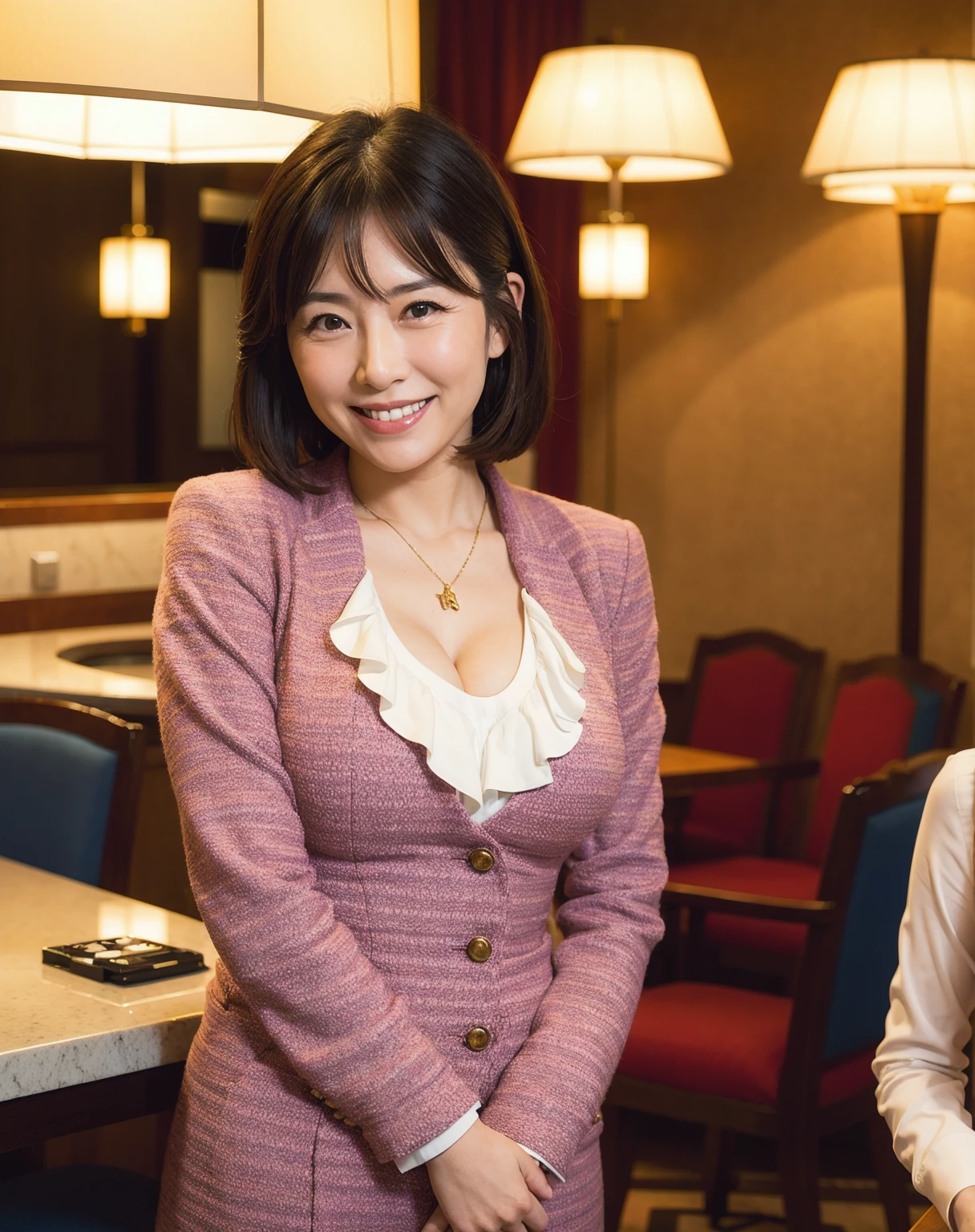 realistic,(Japanese mature woman politician:1.2),(45 years old:1.3),cleavage, earrings, real skin, mole under eye, (huge breasts:1.2), sagging breasts, wide hips, lower abdomen, (mini skirt:1.2), summer, night bar, from below ,from side