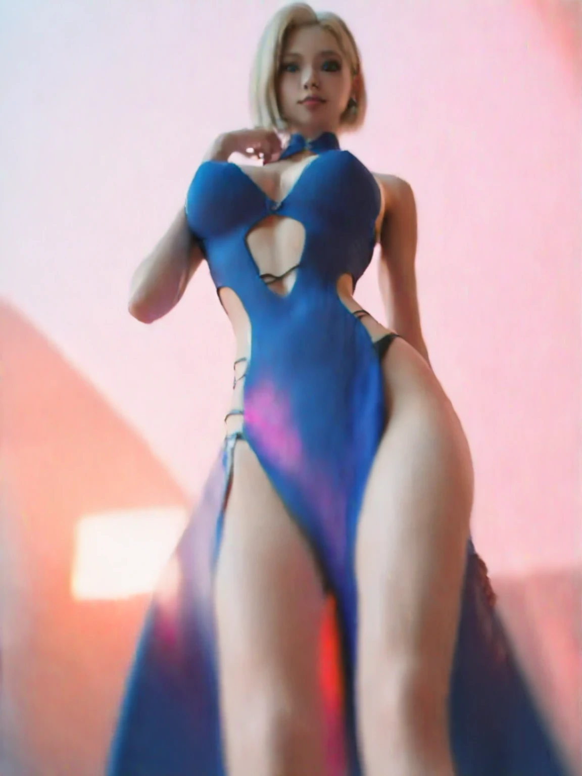 Zelda, blond hair, blue eyes, short hair, armpit, short dress, panties, Big legs, blue transparent dress, Big hits, glasses
