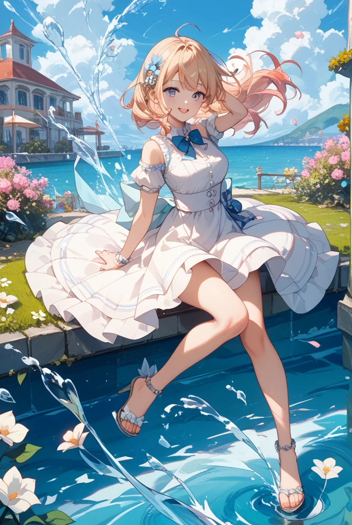 With the Ferris wheel in the background、Anime girl sitting on a swing in the water, artstation pixivでトレンド, Splash art anime , pixiv artstationのguweiz, Highly detailed art gems, Beautiful and detailed anime art, Digital art on pixiv, Detailed digital anime art, Beautiful anime art style, Anime Style 4k, pixiv contest winner sex