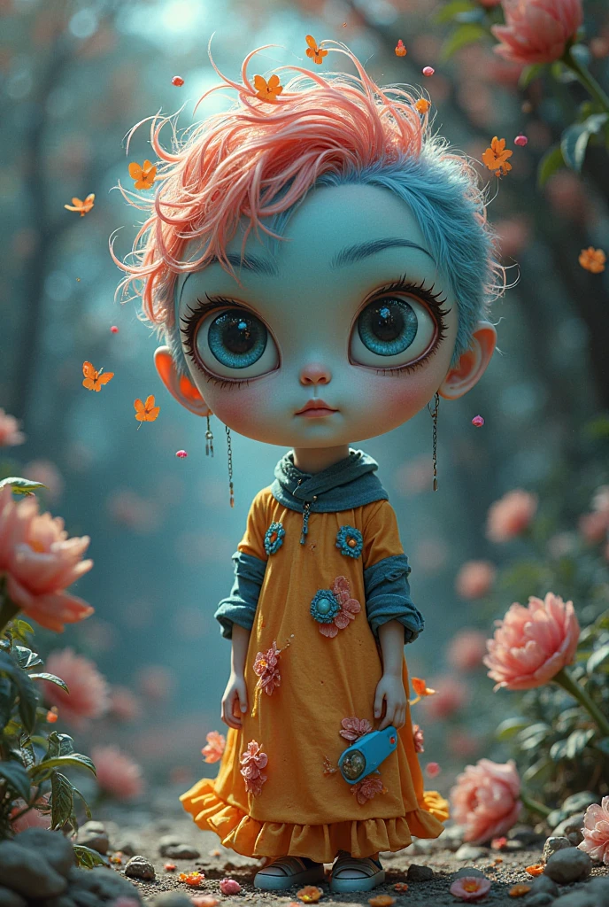 kawaii androgynous child dressed in bright 90's ??? colorful clothes and short skirt, wearing bright ??? color makeup eyeliner eyeshadow with lipstick, freckles, iridescent bright color short hair